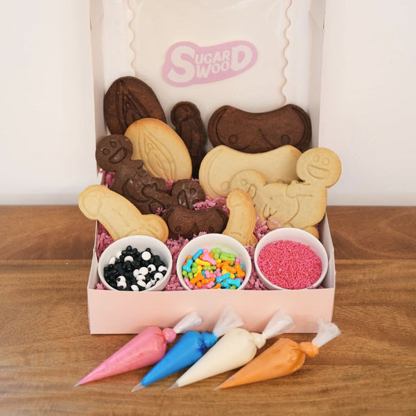 Sugar Wood naughty cookie decorating kit with hand-baked cookies, signature glazes, and decorating supplies